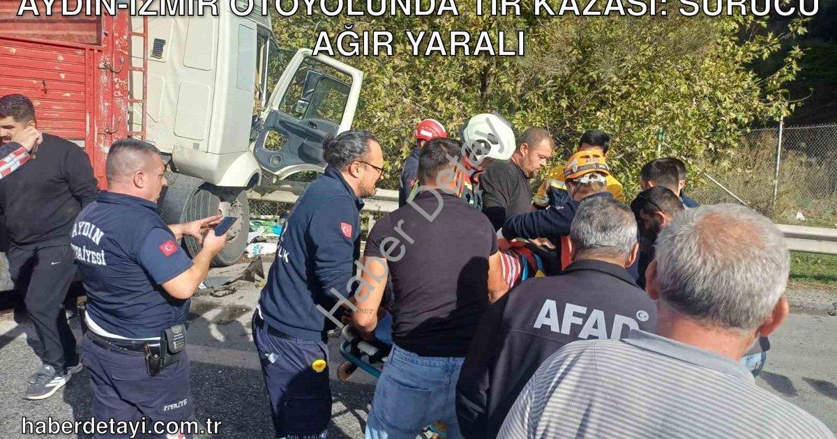 "Aydın-İzmir otoyolunda TIR kazası: Sürücü ağır yaralı" başlıklı haber için fotorealistik, profesyon
